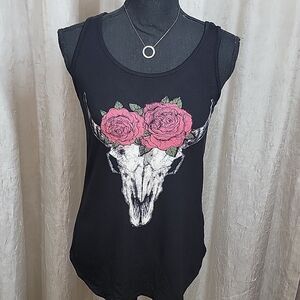 Black Bull Skull with Roses Tank Top